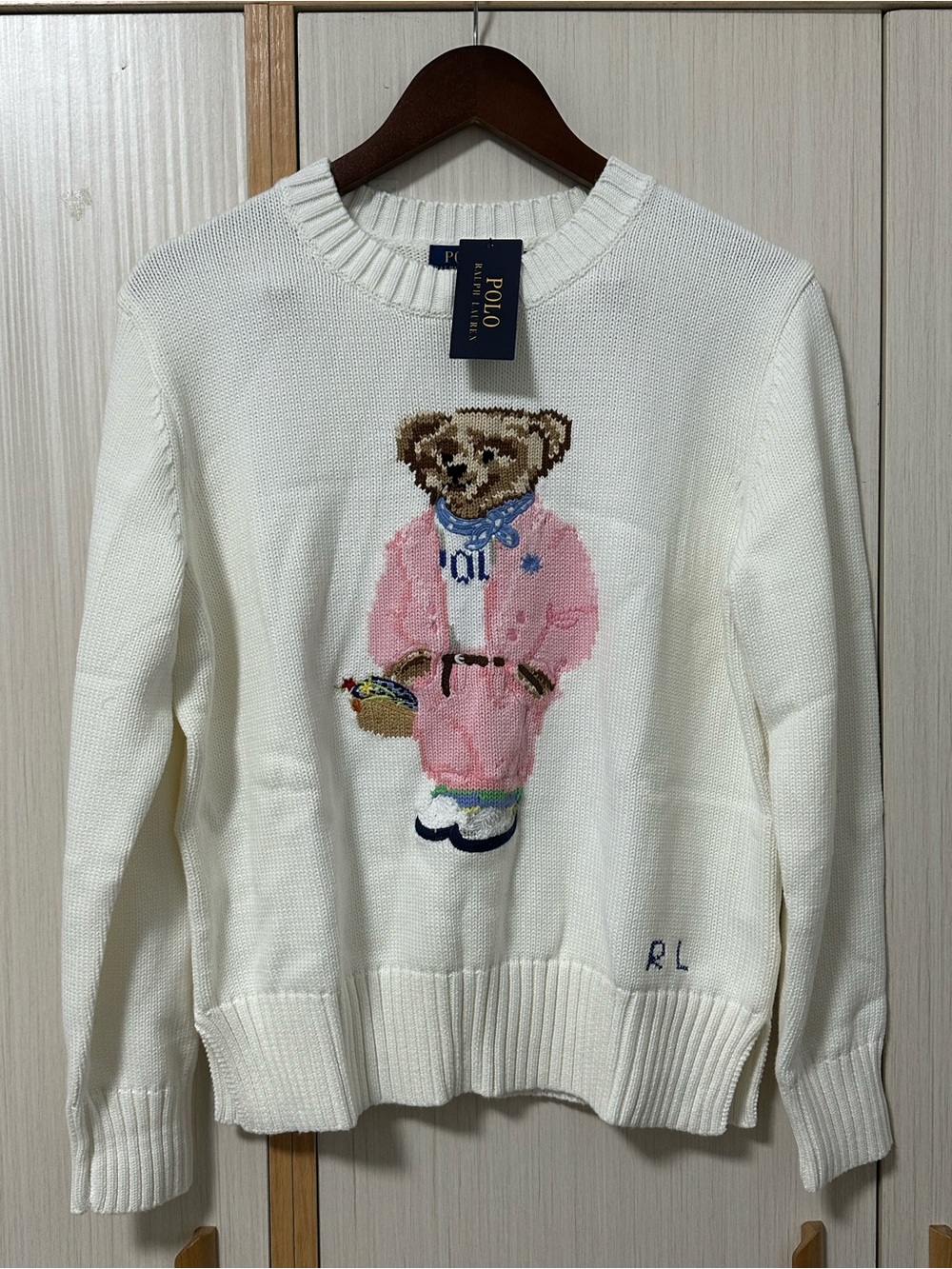 Polo by Ralph Lauren Cream Crewneck Sweater with Teddy Bear in Pink Jacket